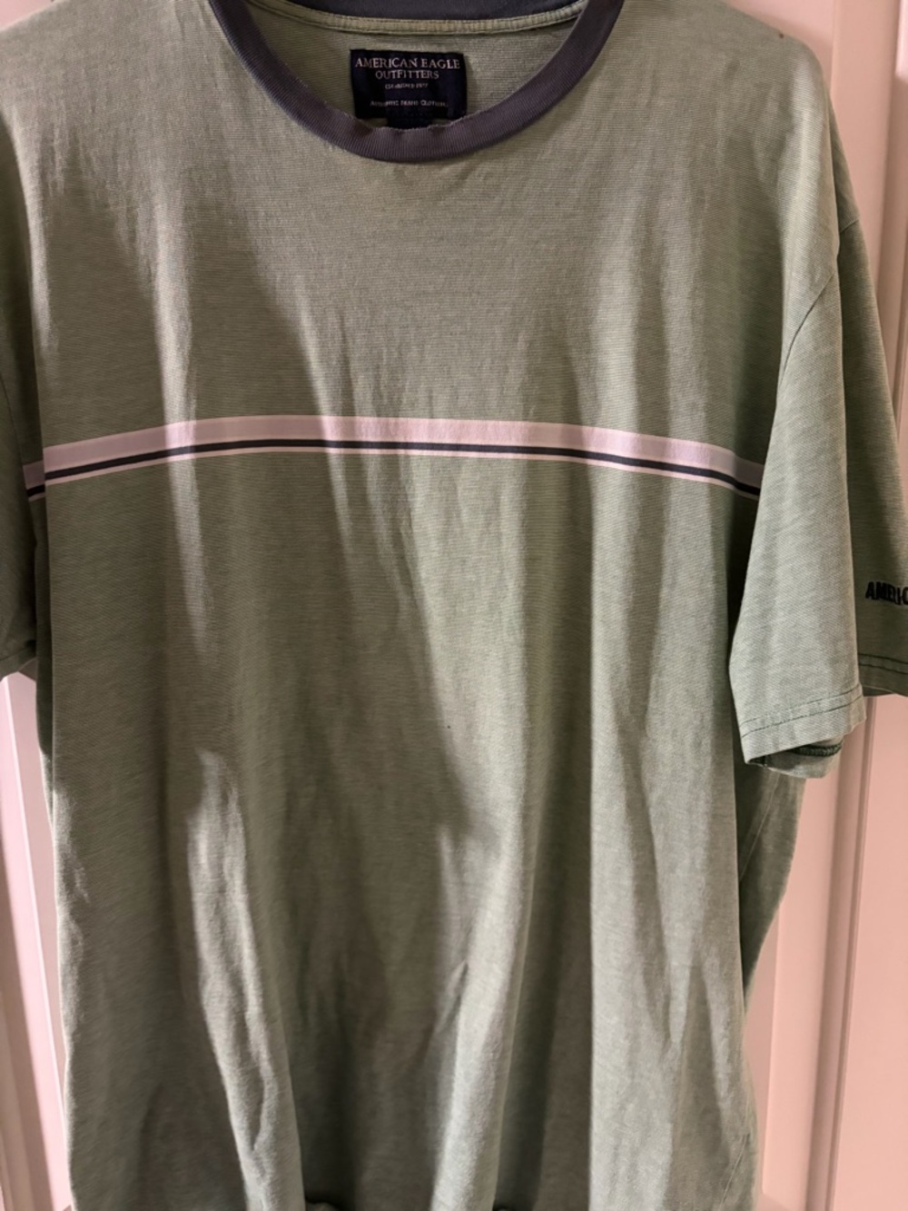 American Eagle Outfitters Sage Green Short-Sleeve Crew with Stripe